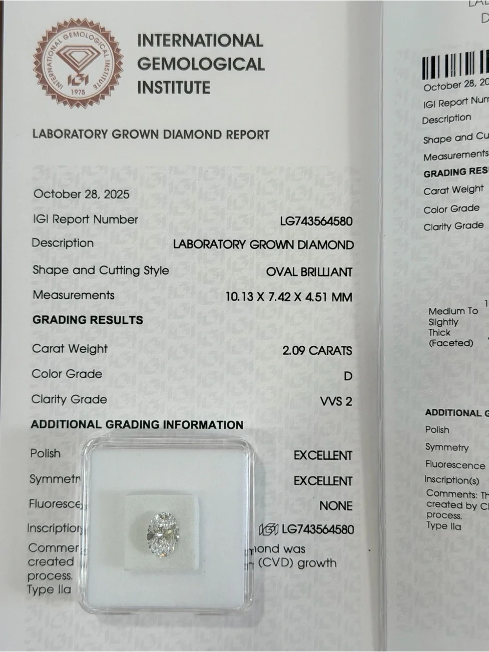 2.09Ct Oval Lab Diamond - IGI Certified – D Color VVS2 (Brand New)